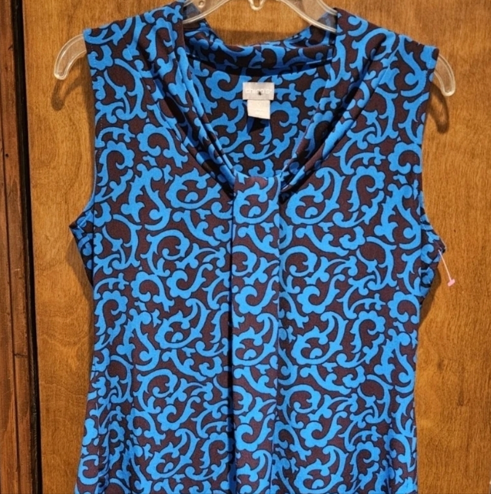 Chico's Tank Top Womens Size 1 Blue Purple Damask Print Sleeveless Stretch